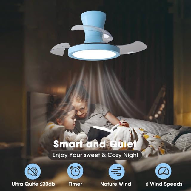 LJX 60cm Ventilador de Techo Sin Aspas con Luz Infantil 6 Velocidades Motor Dc Silencioso Temporizador Aspas Retráctiles Lámpara Ventilador Niñas para Dormitorio Infantil Cocina, Rosa