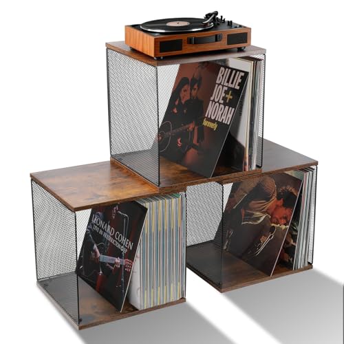 tuu 3 Cubes Vinyl Record Storage, DIY Stackable Wooden Crate ‌Vinyl Holder Over for 150+ Records...