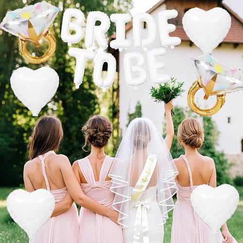 Image of White Bachelorette Party Decorations, White Bride to Be Banner Heart Balloons with Diamond Ring Foil Balloon, Gold Bride to Be Sash&Veil for Bachelorette Engagement Gift Bridal Shower Party Supplies