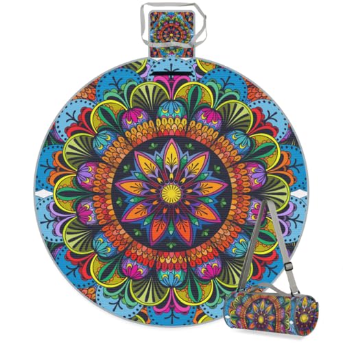 Shimoshe Indian Tribe Mandala Picnic Outdoor Blanket Foldable Waterproof Sandproof Beach Blanket Portable Water-Resistant Round Picnic Mat for Travel Camping Park Lawn