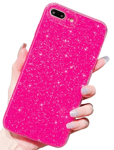 Finyosee for iPhone 7 Plus/iPhone 8 Plus, Cute Aesthetic Bling Glitter Thin Slim Shockproof Sparkly Shiny Cover 5.5 inch for Women Girl-Hot Pink