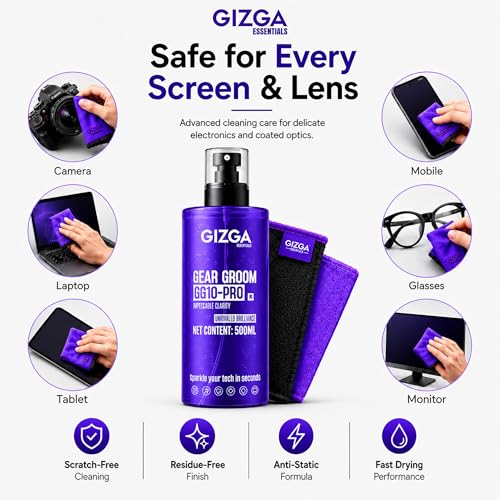Image of Gizga Essentials 6-in-1 Laptop Cleaning Kit 500ml | Screen Cleaner Spray, 2 Microfiber Cloths, Cleaning Brush, Wet Wipes & Lens Tissues for Laptop MacBook Mobile TV Monitor Camera Gadgets