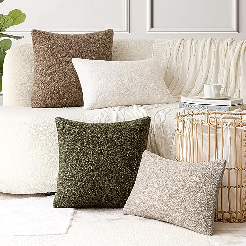 Image of Foindtower Pack of 2, Curly Faux Fur Decorative Throw Pillow Covers Soft Neutral Plush Cushion Case with Zipper Cozy Fluffy Pillowcase for Home Living Room Couch Bedroom Bed Sofa 12 x 20 Inch, Beige