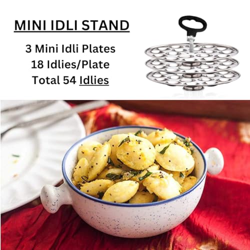 Image of Stainless Steel Mini Idli Maker | Mini Idli Stand | Small Idli Maker With Rod and Lifter (3 Plates - 54 Idlies) Fits in all Idli cooker