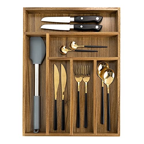EcoFives Luxury Acacia Kitchen Drawer Organizer - Silverware Organizer - Utensil Holder and Cutlery Tray with Grooved Drawer Dividers for Flatware and Kitchen Utensils (6 Slot) by EcoFives - Image 2