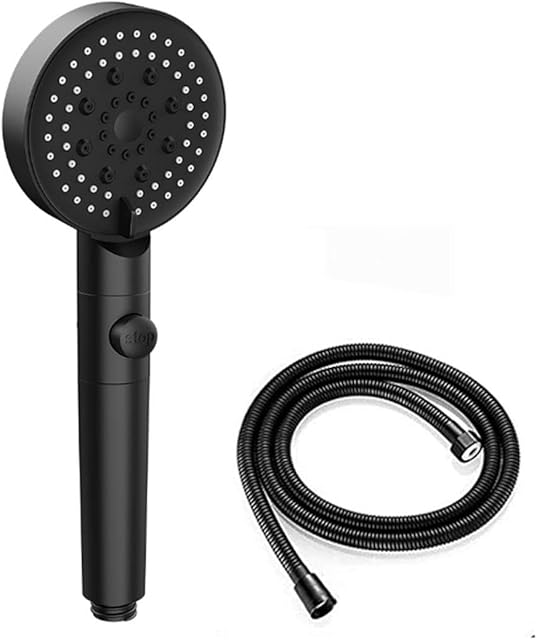 Hand Shower Set - Black Shower Head - High Pressure Shower Head - Shower Head and Hose with Stop Button, 4 Modes Black Shower Head and Hose Set
