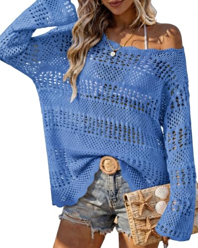 Image of Vivilli Women's Long Sleeve Sweaters Knit Summer Crochet Beach Cover Up Top | Off Shoulder Lightweight Sweater - Hollow Out Mesh Boho Tops - Loose Fit Swimsuit Coverup - Casual Vacation Resort Beach Wear