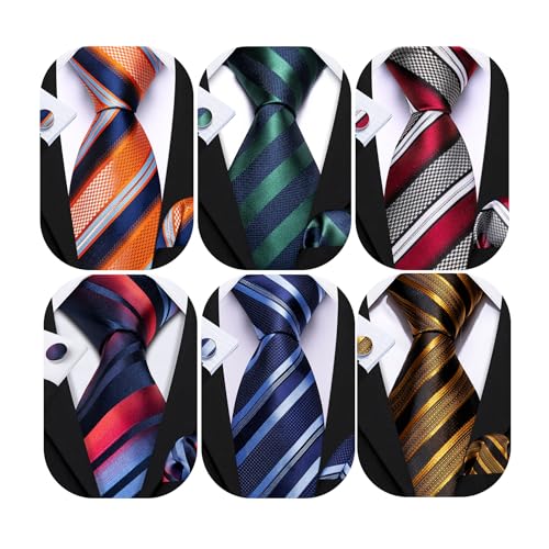 Image of Barry.Wang 6 PCS Men Ties Set Silk Business Fashion Woven Necktie Handkerchief Cufflinks Paisley Stripe Wedding Party