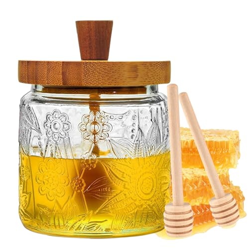 16.9oz Glass Honey Pot Clear Airtight Jar with Dipper and Lid Honey Dispenser for Home Honey Jar with 2 Sticks Vintage Honey Storage Container Jam Jar Container Syrup Container for Home Kitchen