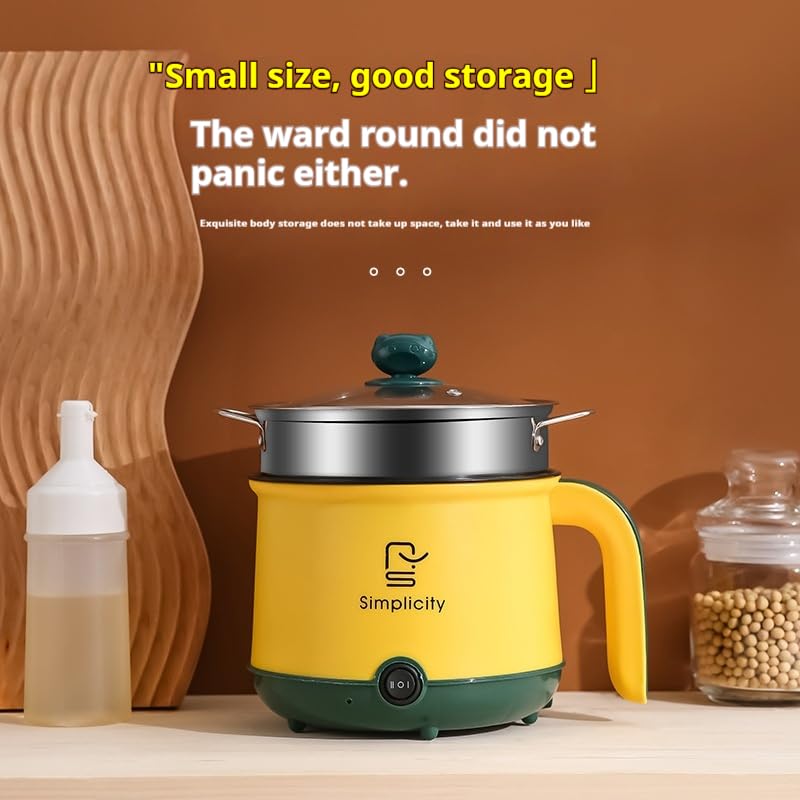 Mini Electric Cooker with Steamer, 1.8L Non-Stick Hot Pot, Portable Ramen Cooker, Small Cooking Pot with Dual Power Control for Dorm, Office, Travel
