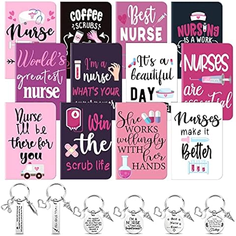 12 Pack Nursing Students Notebook Mini Nurse Pocket Notepad with 6 Pcs Nurse Keychain Nurses Week Gifts Nurse Notepad Pocket Notebook for Nurses Pocket Journal for Nurse Day Graduation,12 Styles Cover