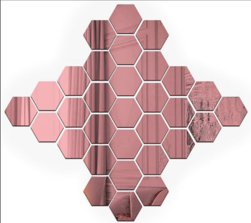 Decorative Mirror Stickers for Wall | Wall Hexagon Mirror Stickers | 3D Acrylic Stickers Size 12CM X 10CM Mirror Stickers for Wall School Home Living Room Bathroom Bedroom (Rose Gold)-image-7