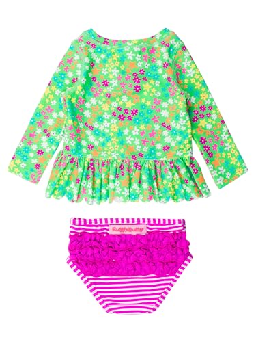 Image of RuffleButts Baby /Toddler Girls Scalloped Long Sleeve Rash Guard 2-Piece UPF50+ Sun Protected Swimsuit