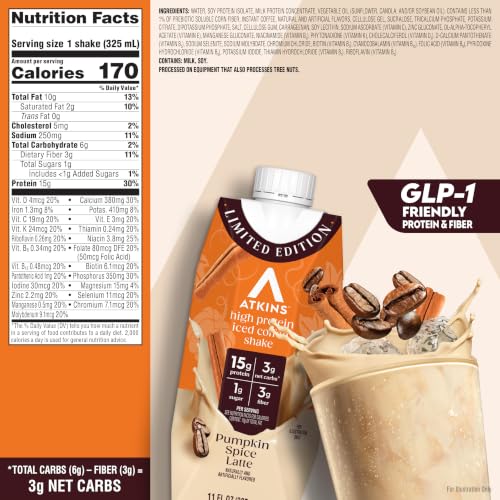Image of Atkins Pumpkin Spice Latte Protein Shake, 15g Protein, 3g Net Carbs, 1g Sugar, Keto Friendly, 12 Count