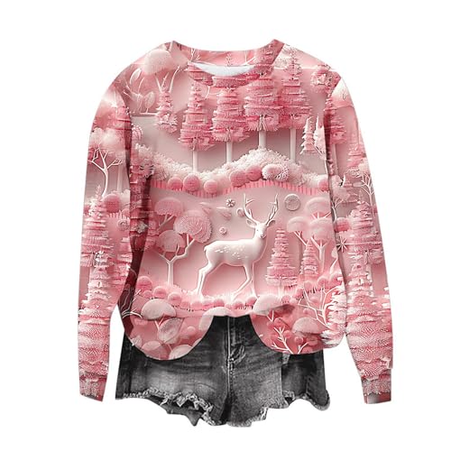 Funny 3D Christmas Graphic Sweatshirts for Women Long Sleeve Round Neck Pullover Loose Casual Cute Xmas Holiday Shirt