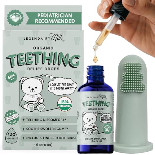 Image of Legendairy Milk Organic Baby Teething Relief Drops with Silicone Toothbrush, Gum Relief for Babies & Toddlers 6 M+, Soothing Chamomile Clove Blend, Teething Gel Alternative, Sugar Free, 120 Servings