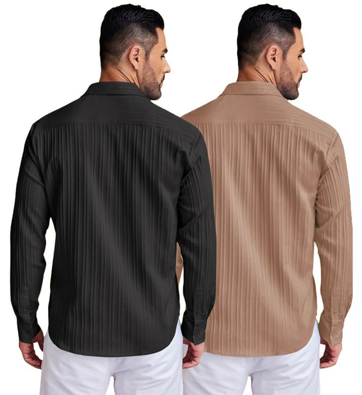 Image of DEELMO Combo of Men's Casual Button Down Shirts Long Sleeve Linen Shirt Fashion Textured Summer Shirts Pack of 2