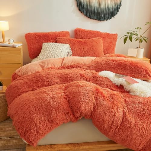 Fluffy Faux Fur Terracotta Comforter Cover King Set – Plush Fluffy Terracotta Bedding 3-Piece Set (1 Duvet Cover + 2 Furry Pillow Shams) Cozy Bed Set