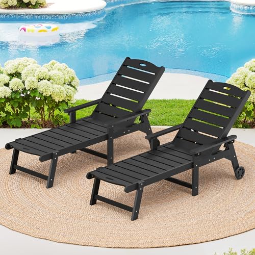 LUE BONA Outdoor Chaise Lounge Chairs Set of 2, HDPS Lounge Chair, 5 Positions Adjustable Pool Lounge Chairs, Patio Furniture Sets with Wheels for Poolside, Hotel, Restaurant, 3 Year Warranty, Black