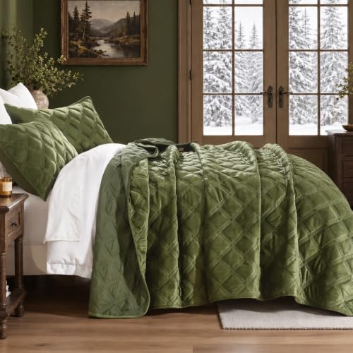 WONGS BEDDING Velvet Comforter King, Lattice Diamond Quilt Set, Olive Green - image 3