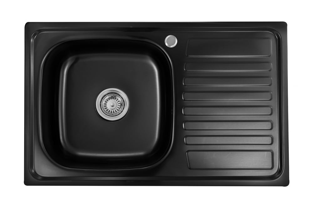 Lavello da incasso, Lavello da cucina in acciaio inox 304, spessore del materiale 0,8 mm, lavello da cucina 1 vasca, scolapiatti rettangolare 80L x 50P x 18A (scolapiatti a destra - nero)