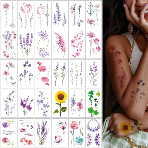 Image of MAYCREATE 30 Sheets Temporary Tattoo for Women Multi-colored Flower Tattoo Sticker Realistic Floral Fake Body Tattoos Wildflower Party Makeup Stickers for Women Girls