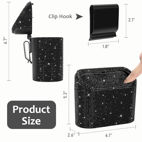 Image of Accmor Bling Car Trash Can with Lid, Mini Vehicle Garbage Organizer Storage Bin Dustbin, Sparkling Crystal Rhinestone Holder Container with 30pcs Garbage Bags Car Accessories