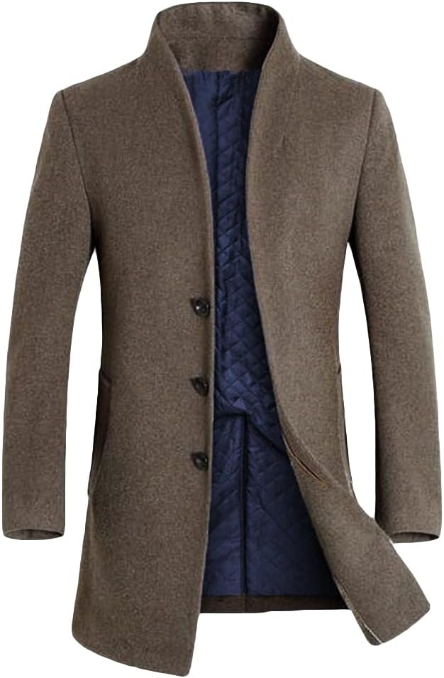 Men's Trench Coat Long Wool Blend Overcoat Slim Fit Down Topcoat