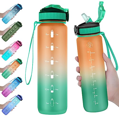 Image of EYQ QuickSpout Water Bottle with Time Marker and Carry Strap, 32 oz, BPA-Free, Non-Toxic, Leak-Proof
