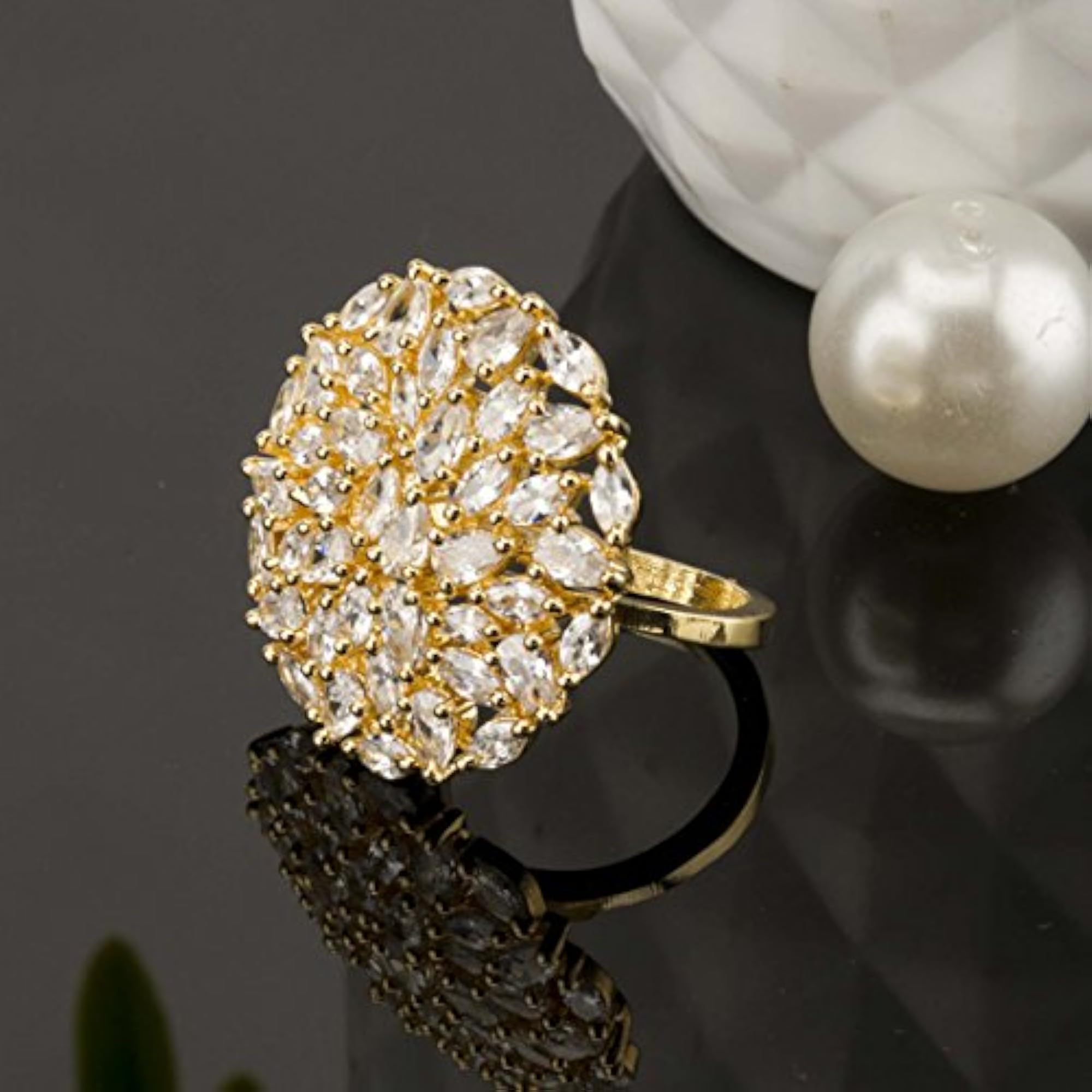 Sparkling AAA CZ Delicate Florets Plated Adjustable Ring