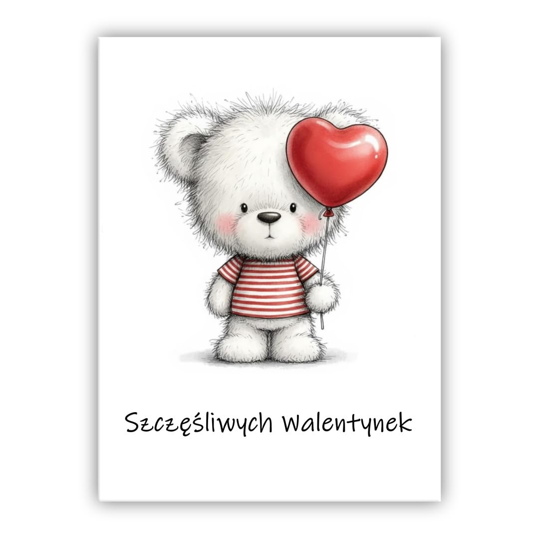 Multilingual Valentine’s Day Card – Cute Bear with Heart Balloon – Romantic Greeting Card for Husband, Wife, Boyfriend, Girlfriend (• Polish: Wszystkiego najlepszego z okazji Walentynek)