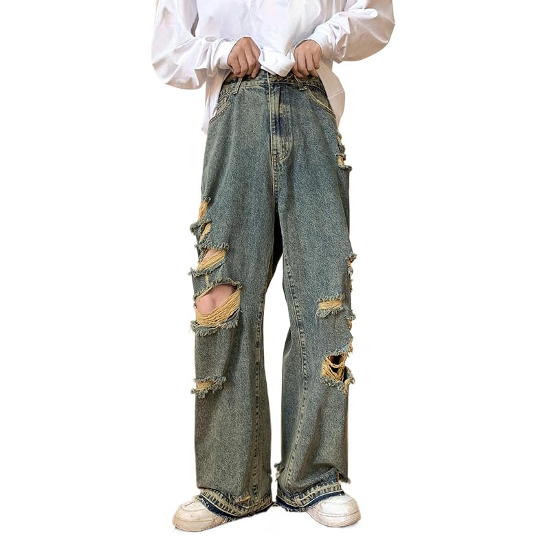 Men's Baggy Ripped Jeans Wide Leg Hip Hop Y2k Loose Fit High Waisted Casual Denim Pants for Men Streetwear
