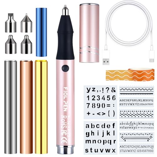 Watersay Cordless Hot Foil Pen Starter Kit with 1 USB Connection Port 4 Sizes Metal Nib 10 Template Papers 4 Roll Bronzing Paper 1 Roll Positioning Tape for DIY Scrapbooks Leather Car