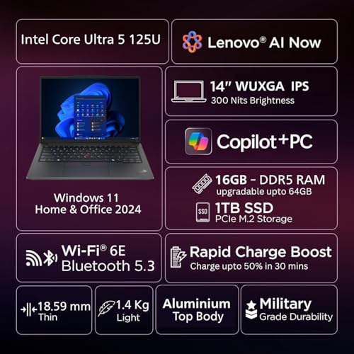 Image of Lenovo ThinkPad E14 AI PC Intel Core Ultra 5 125U | Copilot Key | 16GB RAM | 1TB SSD | 14 inch WUXGA IPS 300 Nits | Win 11 + Office 2024 | Backlit | Fingerprint | 1.42 kg | 1Y Onsite | Black - 21M7S0SH00