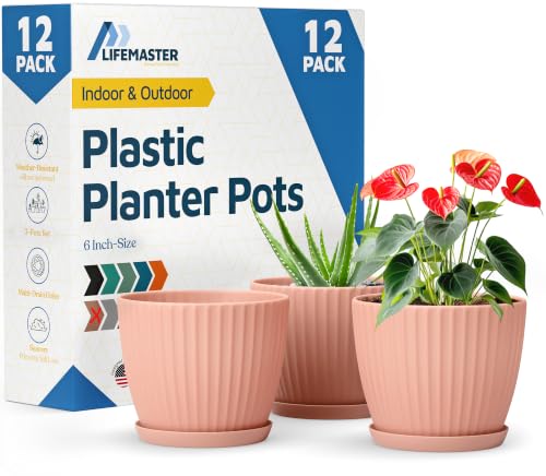 Pink 6-Inch Plant Pots with Drainage & Saucers 12 Pack, Indoor & Outdoor Planters for Houseplants, Herbs, and Flowers, Durable & Weatherproof Material, Stackable, Lightweight, Minimalist Design