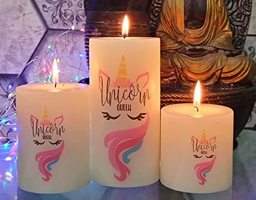 Floryn Decor Premium Printed Candles Set of 3 | Best Gift Candles Set | Spa Candles | Smokeless, Dripless & Odourless | Size 3 x 3 Inch, 3 x 4 Inch 3 x 6 Inches (Unicorn)