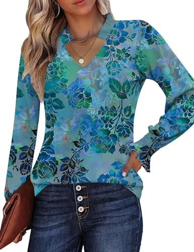 Kistore Long Sleeve Shirts for Women Pleated Cuffs Dressy Business Casual Blouses 2025 Trendy Puff V Neck Tunic Tops