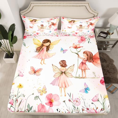 Erosebridal Dreamy Fairy Twin Fitted Sheet,Pink Fairy Garden Bedding Set for Girls Kids,Cute Floral Butterfly Bed Set,Princess Girly Coquette Bed Sheets 2Pcs Bedroom Decor (No Flat Sheet)