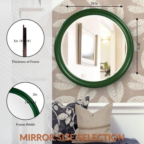 Image of Howard Elliott George Round Glossy Hunter Green Wall Mirror, Bevelled Vintage Hanging Wood Framed Vanity Mirrors for Home Decor, Living Room, Bathroom, Bedroom, or Hallway, 36 Inch Round
