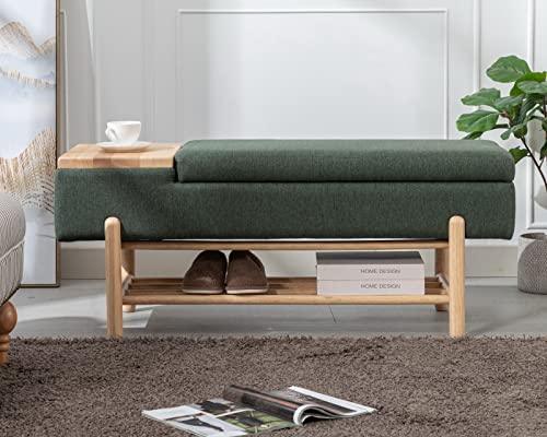 CIMOTA Entryway Storage Bench for Bedroom Upholstered End of Bed Ottoman Bench with Wood Shoe Storage/Coffee Table for Living Room/Hallway/Under Window, 46.5 Inches, Linen Green