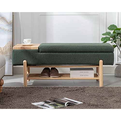 CIMOTA Entryway Storage Bench for Bedroom Upholstered End of Bed Ottoman Bench with Wood Shoe Storage/Coffee Table for Living Room/Hallway/Under Window, 46.5 Inches, Linen Green