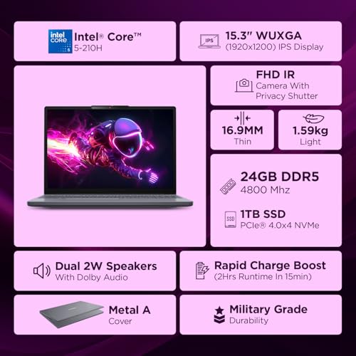 Image of Lenovo IdeaPad Slim 3 14th Gen Intel Core 5 210H 15.3 inch (38.8cm) WUXGA IPS Laptop (24GB RAM /1TB SSD /Windows 11 /Office Home 2024 /Backlit Keyboard /1Yr ADP Free /Grey /1.6Kg), 83K4004VIN