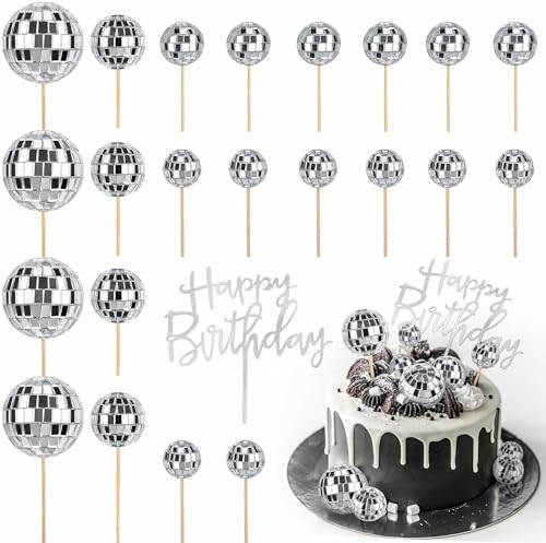 Decoración de Tartas con Bolas de Disco – 23pcs Topper de Cupcakes Feliz Cumpleaños, Adornos de Pasteles de Bolas de Discoteca para Fiesta de Disco de los 70s