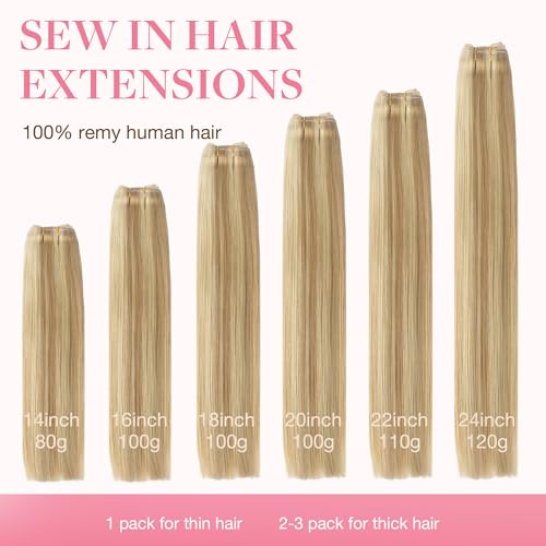 Image of GOO GOO Sew In Hair Extensions Real Human Hair for Women, Weft Hair Extensions, 16 /22 Light Blonde Highlighted Golden Blonde 18inch 100g, Double Weft with Thick Ends for Natural Volume Everyday Wear