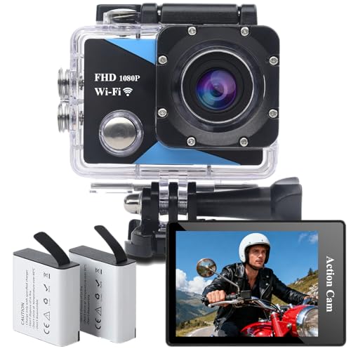 Nvgfelis WiFi Action Cam 1080P, Fotocamera Subacquea impermeabile 98FT/30M, Sports Cam con 2×1050 mAh Batteries Ricaricabili e Kit Accessori