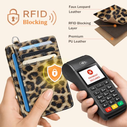 Image of Coco Rossi Leopard Wallet Women Slim Credit Card Holder with Keychain | Chic Wallets, RFID Blocking, ID Case, Paper Money Pocket, Cute Small, Womens Girls Gift, Cheetch Print