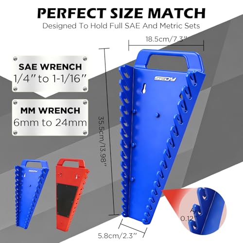 Image of SEDY 2-Pack Magnetic Wrench Organizer with Non-Slip Handle, 24-Slot Heavy-Duty Wrench Rack Holders for Toolbox & Drawer Storage, Fits SAE 1 /4 inch-1-1 /16 inch and Metric 6mm-24mm Wrenches