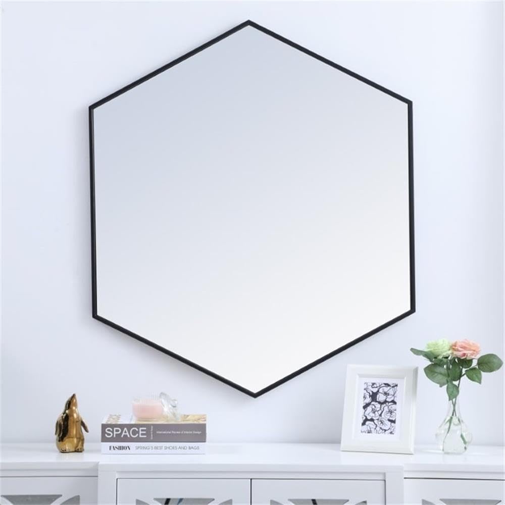 Pemberly Row Hexagonal Metal Frame Mirror, 35" x 41", Black Finish, Glass/MDF Construction, Contemporary Design, Vertical/Horizontal Mount, Living Room, Bedroom, Bathroom or Foyer Wall Decor