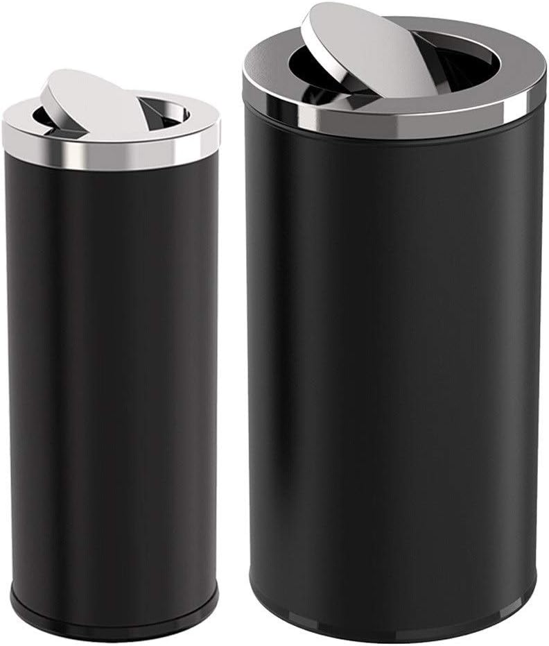 Indoor Trash cans Stainless Steel Swing-top Trash Can Outdoor Shopping Mall Hotel Round Trash Can Indoor Garbage cans(Black,L)