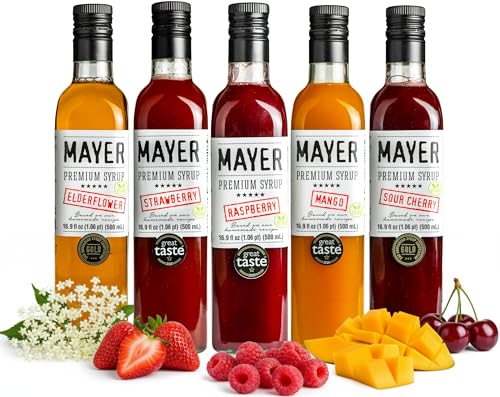 Image of Mayer Premium Hungarian Handcrafted Syrup Variety Pack - Award-Winning Natural Fruit Syrups (Raspberry, Mango, Elderflower, Sour Cherry, Strawberry), No Artificial Additives, 5 x 16.9oz Bottles